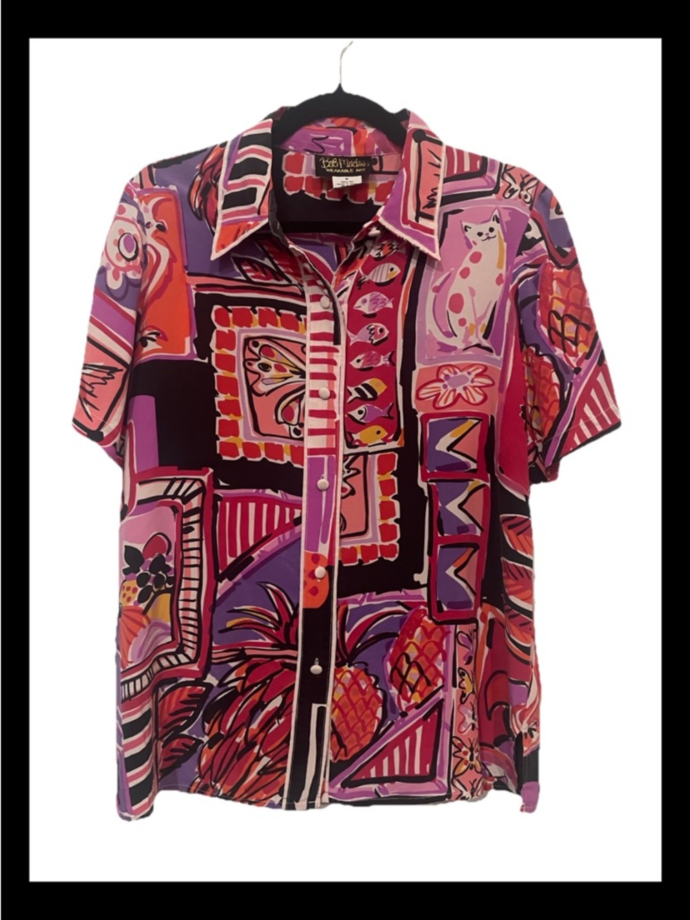 Women’s Bob Mackie Wearable Art 100% silk blouse Cat Fish Butterfly